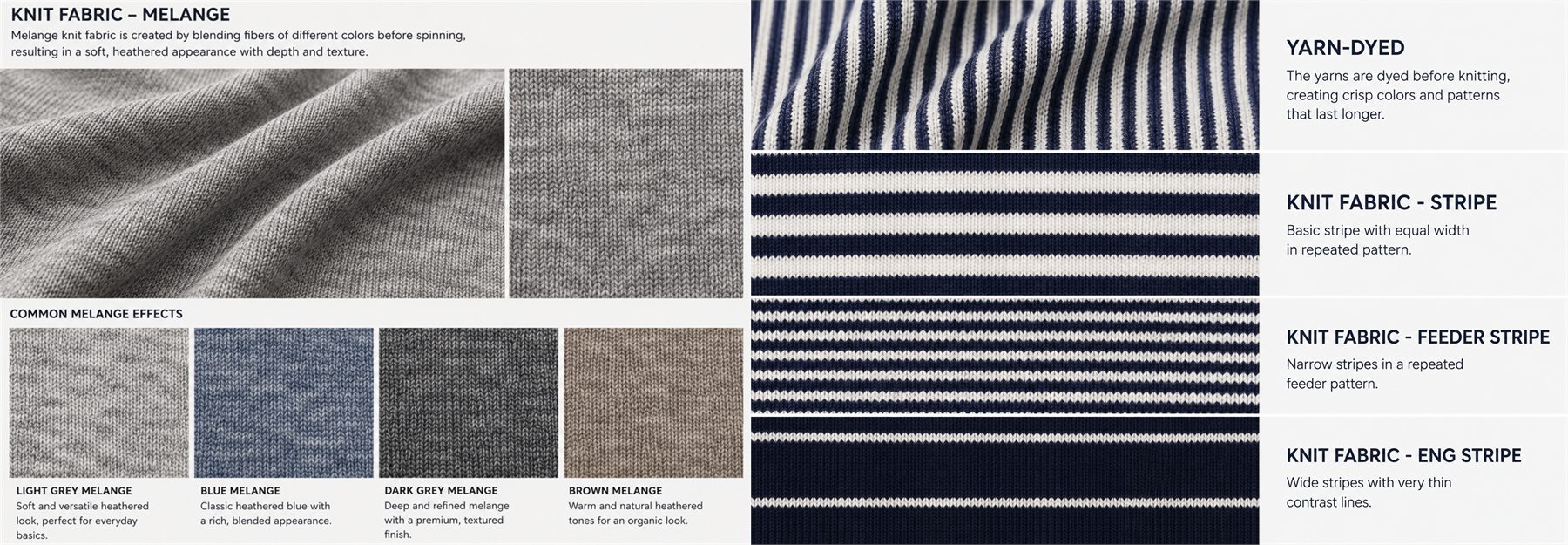 Different melange and striped fabric samples displayed side by side