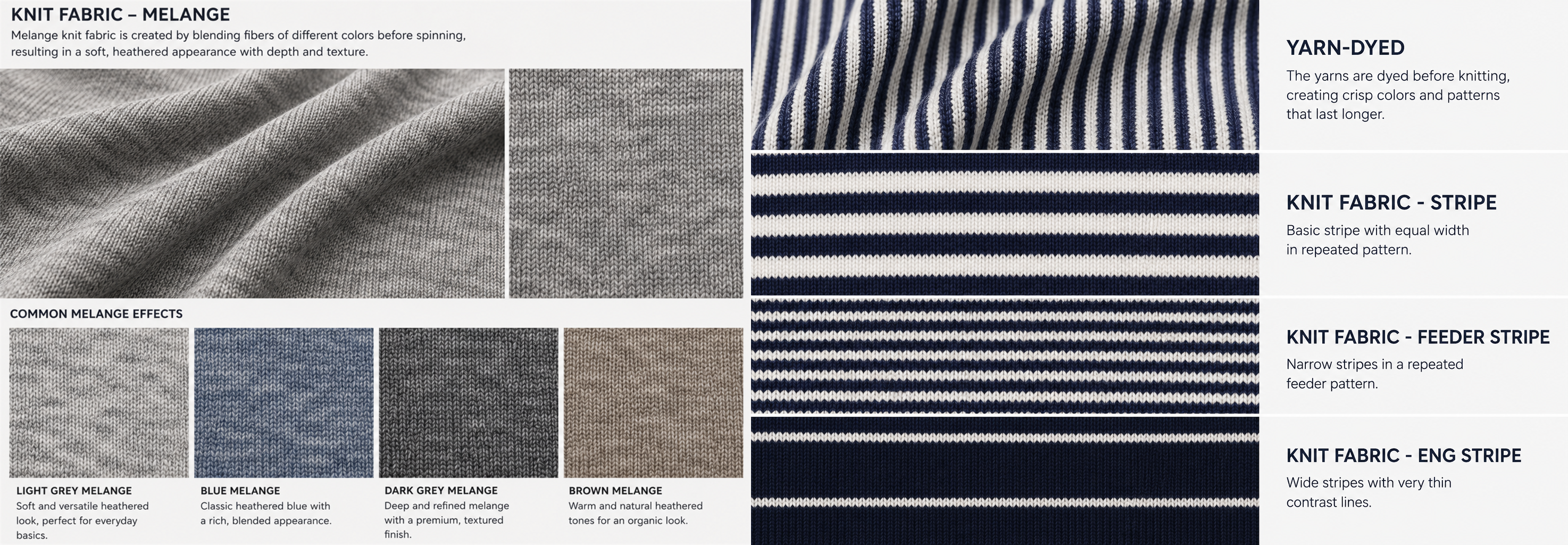 Different melange and striped fabric samples displayed side by side