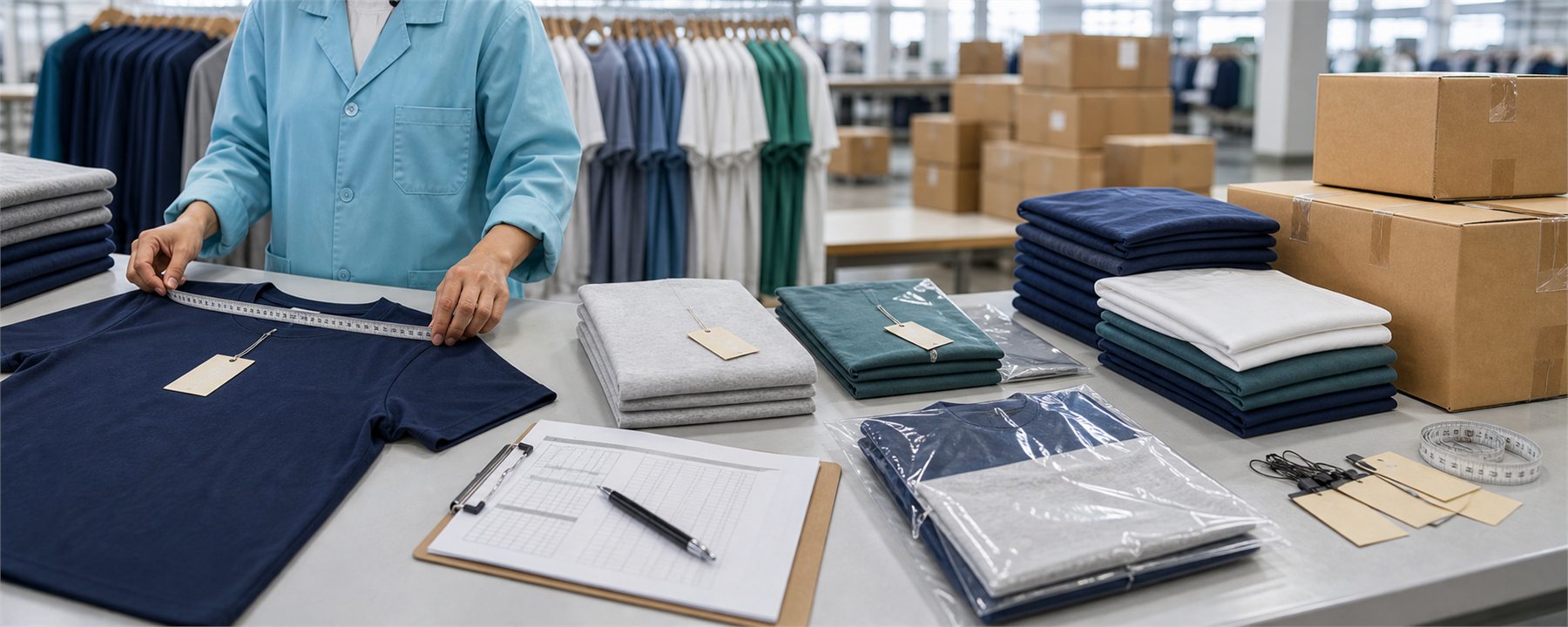 Knit garments being checked, folded, packed, and prepared for export