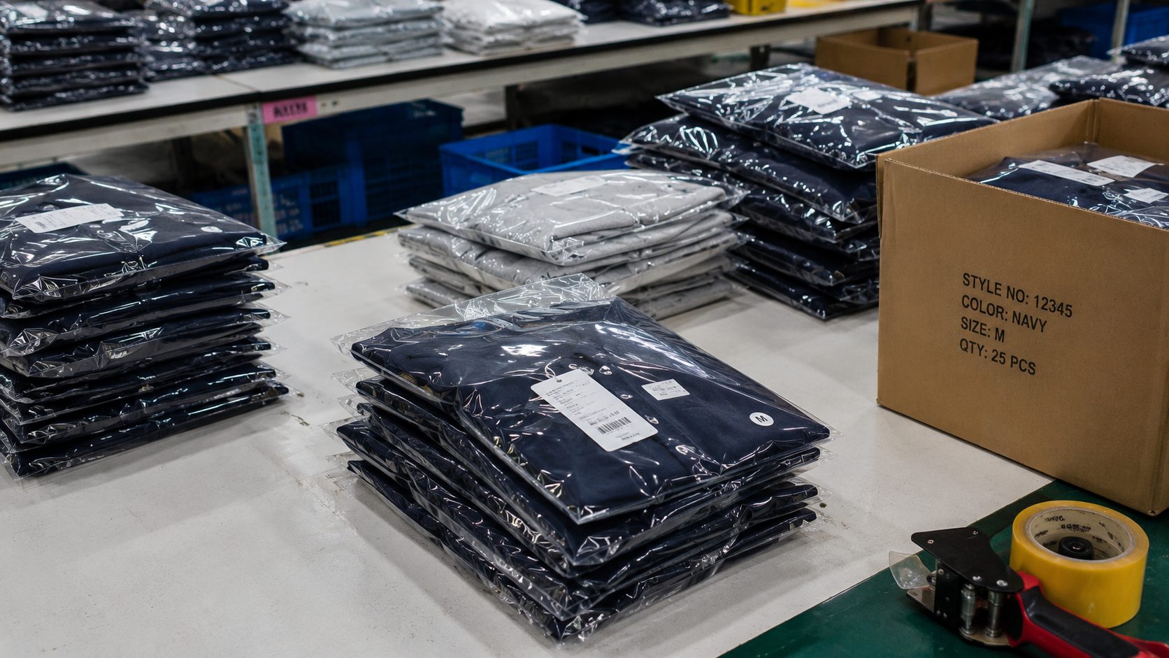 Packed garments prepared for quality review